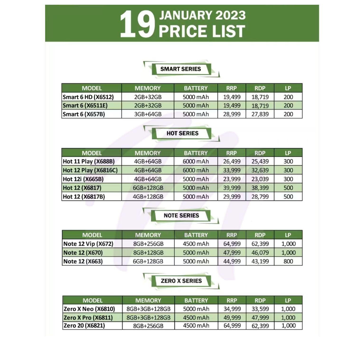 Infinix Dealer Price List Jan 2023